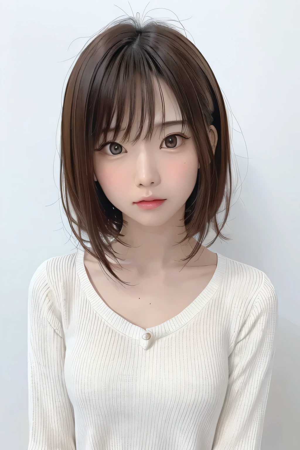 (masterpiece、 best quality、 Super detailed description、 ultra high resolution)、( Portrait Shooting :1.3)、 girl、solo、((small chest))、cute、 idol face、 simple white background、Stand with your back against a wall、front view、sweater