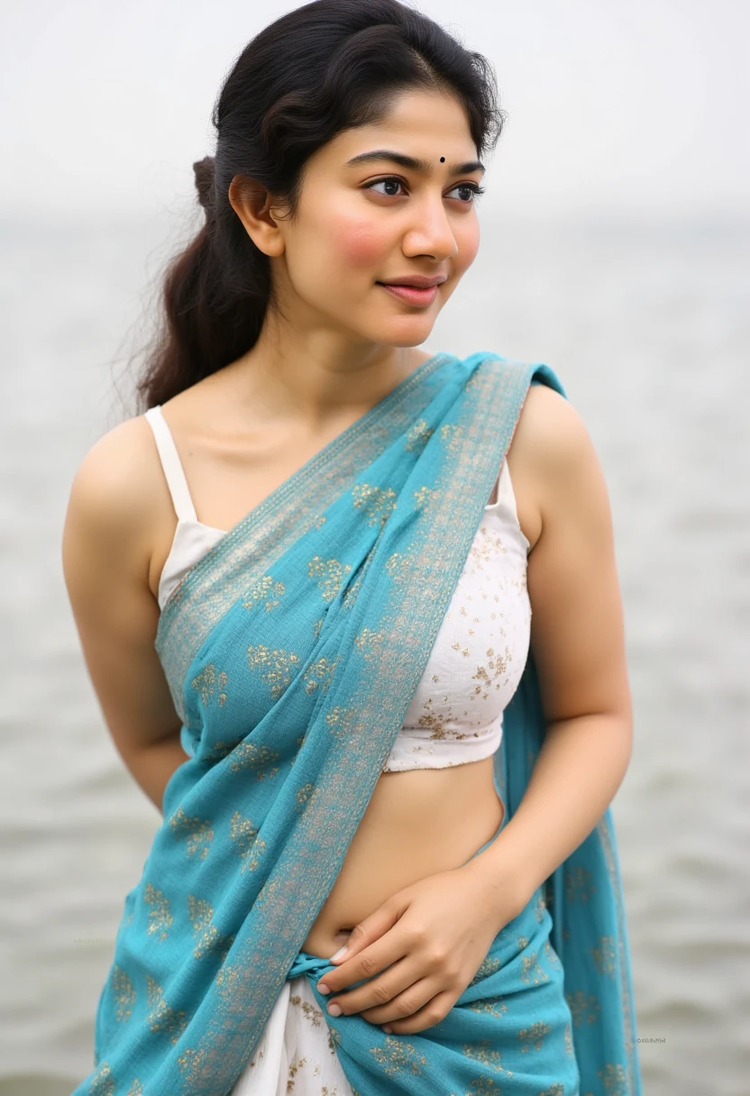 from bottom view, long shot photo of sexy indian, look at viewer and subtle smile, curvy athletic figure, open arms, sexy armpits, sweating, doing push ups in fog, ponytail, necklace, white see through lace bra, blue and green  saree with low necked blouse, glossy lips, (cinematic:1.3), intricate details, (ArtStation:1.2)