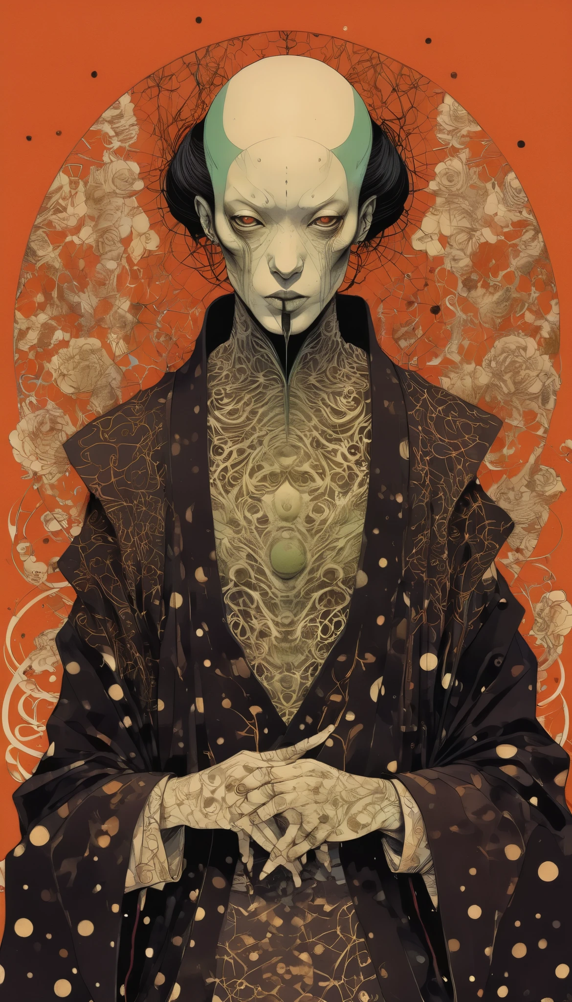 by Tsutomu Nihei,(strange but extremely beautiful:1.4),(masterpiece, best quality:1.4),in the style of nicola samori,Mantis, Ukiyo-e Art,Erik Madigan Heck Style page,portrait,illustration,drawing,outline,bold outline,symmetry,tattoo design ,Alex Gross Style page