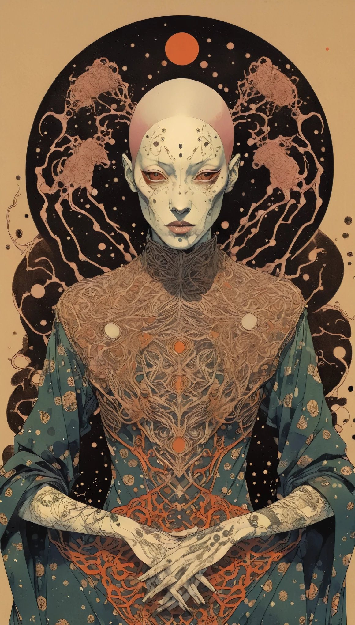 by Tsutomu Nihei,(strange but extremely beautiful:1.4),(masterpiece, best quality:1.4),in the style of nicola samori,Mantis, Ukiyo-e Art,Erik Madigan Heck Style page,portrait,illustration,drawing,outline,bold outline,symmetry,tattoo design ,Alex Gross Style page