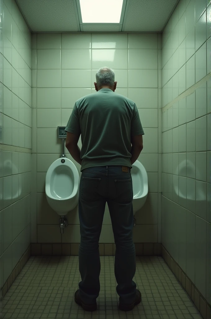 A rear view of chubby grandpa peeing on the urinal. (urine visible:1.2)