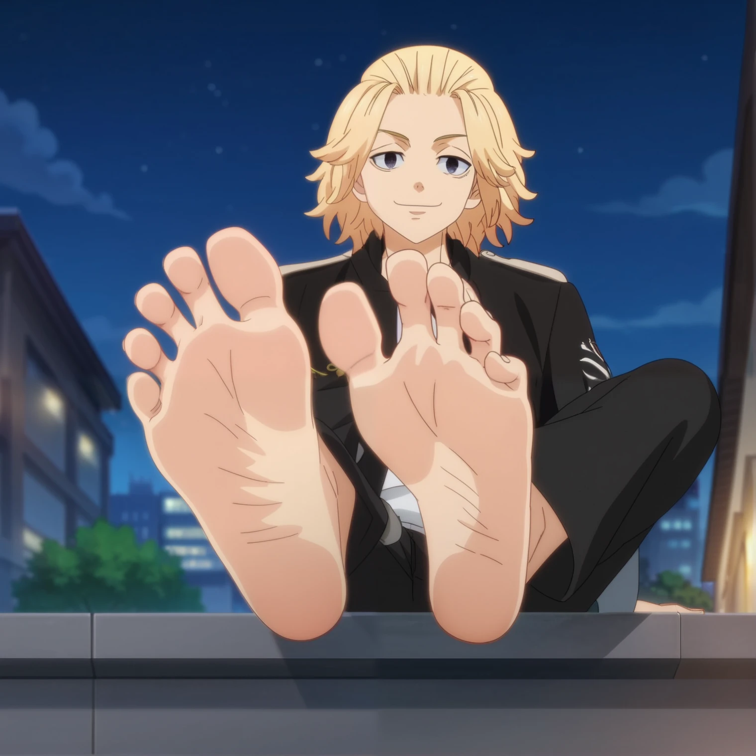 score_9, score_8_up, source_anime,
1boy, Manjirou Sano, blonde hair, happy face,, black pants, black jacket, sitting, alone, looking at viewer, cowboy shot, ANIME SCREENCAP, anime coloring, in the city at night, barefoot, perfect feet, anatomically correct, soles, low angle, focal length 35mm, each foot has five toes, front, symmetrical soles, foot focus