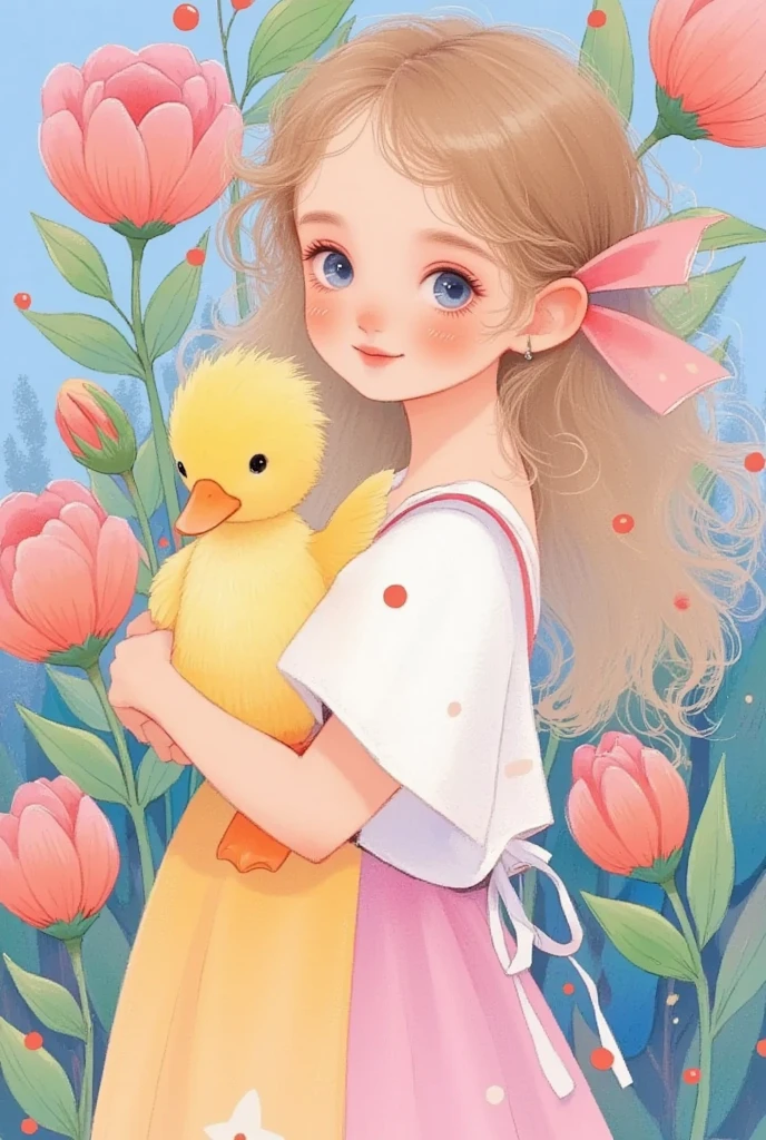 The breath of spring， colored pencil drawing ，sketch，A painting：Closeup of a girl in a dress holding a duck, Smile，Flowers ,   pixiv Contest Winner  , Fantasy Art, cute的数字艺术,  exquisite digital art, cute的艺术风格, 软萌动漫插画, cute的数字绘画,  cute的细节艺术品 ,  A beautiful artwork illustration , cute又cute, cute, cute的艺术品