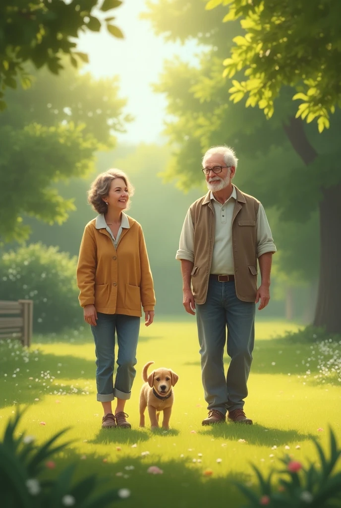A haystack or a middle-aged boy and girl in the park with a puppy