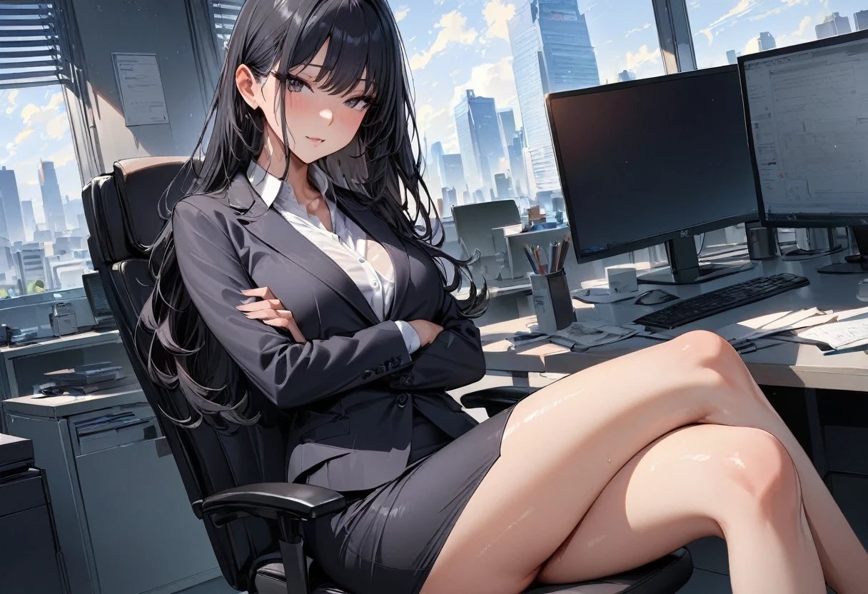 (masterpiece, best quality, ultra detailed, high resolution, detailed facial description), (1 woman:1.3), office lady suits, pencil skirt, long hair, black hair, arms crossed, crossed legs, spread legs, sitting on the office chair, office room