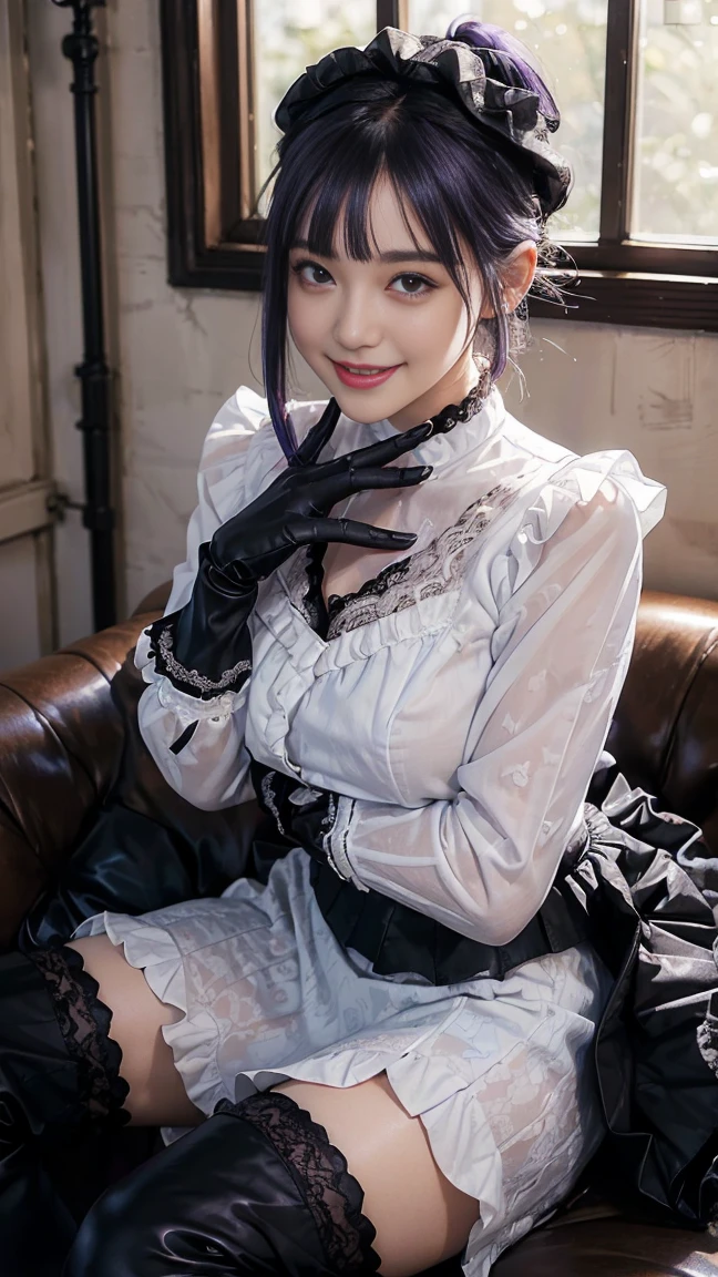 highest quality, masterpiece, Ultra-high resolution, (Realistic:1.4), (Portraiture) RAW Photos, 1 girl,22 years old((Detailed face)),(((座ったPortraiture)),Red bra,((Smiling with teeth showing)),((Big smile)),((Black boots and black lace gloves)),((Black long sleeves with ruffle lace)),(((White blouse under dress))),((Black Long Skirt)),((Ponytail blue-purple hair)),((Cap Chestnut)),((Short bangs)),Realistic,Image Media Chest)),