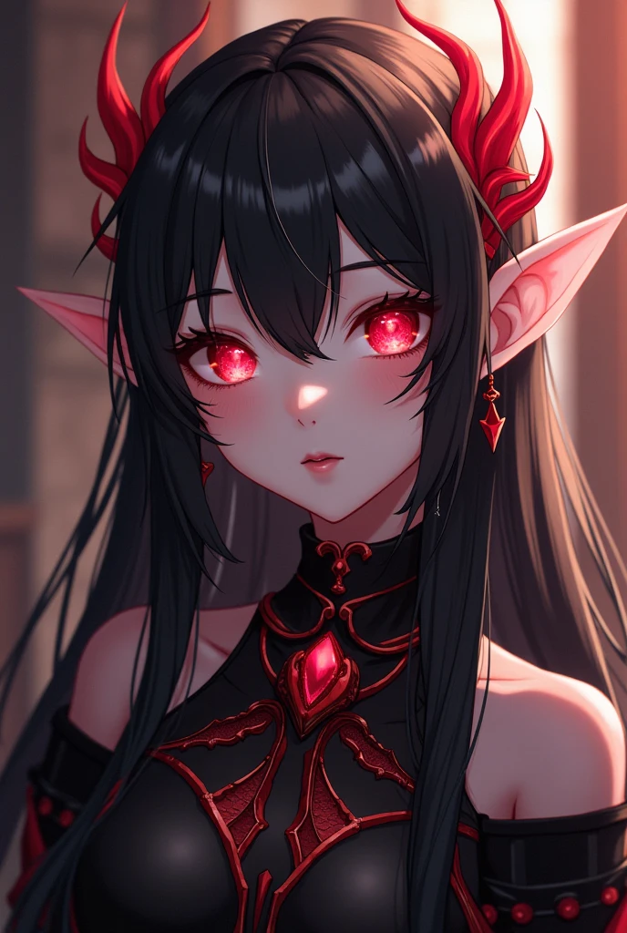 a close up of a woman with dark and a black top, gothic maiden anime girl, anime in fantasy style, 1 anime goth girl, stunning anime face portrait, with long hair and piercing eyes, portrait knights of zodiac girl, detailed portrait of anime girl, crimson red eyes, female anime character, beautiful alluring anime woman, High Resolution, pointy ears, vampire, vampire crownClosed Mouth, Makeup, Smirk, dark, dark atmosphere,Hair Ornament, Jewelry, Crown, Tiara, X Hair Ornament, Horns, Demon Horns, Looking at viewer,
