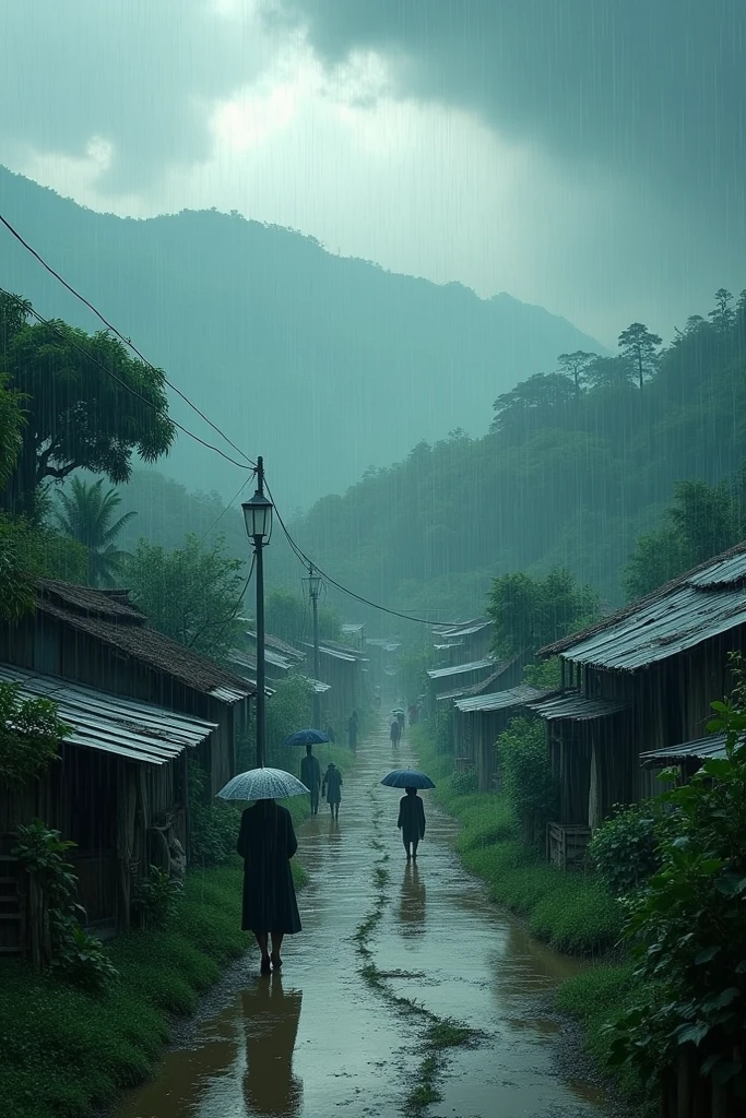 A beautiful village, houses were made of bamboo, children were playing in the street, with little shower of rain
