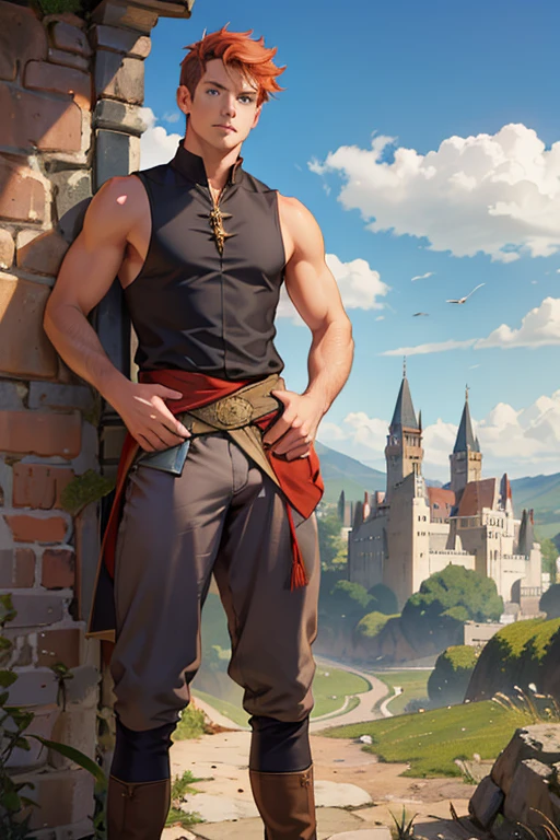 Photo-realistic. A pleased, tall, handsome, fit, 24-year-old Caucasian medieval prince, with short, fade-cut, burnt orange hair, and blue eyes, wearing a red and tan sleeveless tunic, with gray trousers, standing on a castle wall, looking out to the distance, on a cloudy afternoon.