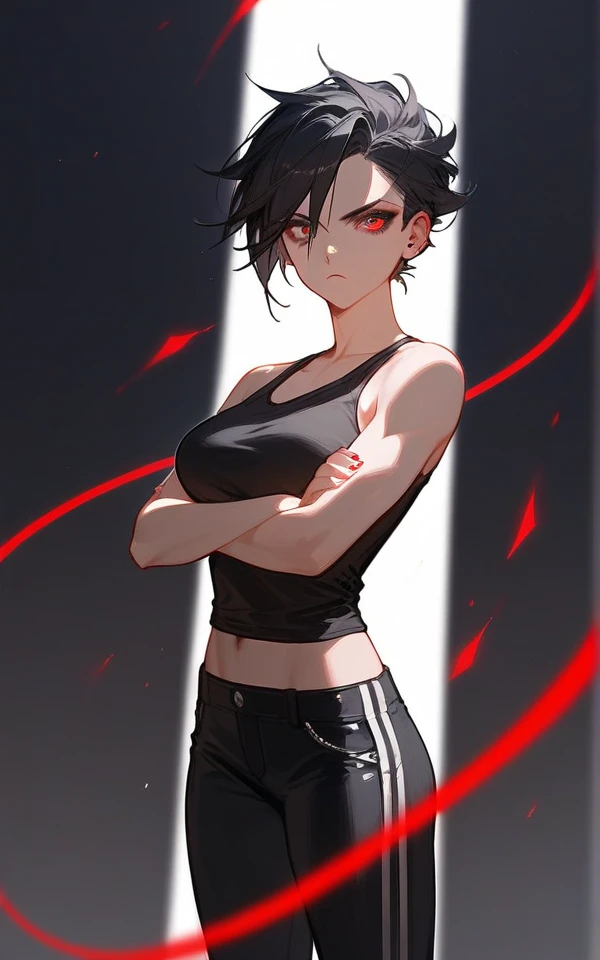 Redna Clareta, a girl with red skin, showing an expression of boredom. She is sighing, with her chin resting in her hand, and her body is slightly swaying. Her hair is dark black with no red, cut in a square style. Her amber eyes look distant. She's wearing a gray sweatshirt and casual streetwear(black top tank), matching her athletic build. The setting is a street in Heavenia. The image is in a comic book style, focusing on her bored expression and posture, naked,beautiful fitness girl ,average sized breasts