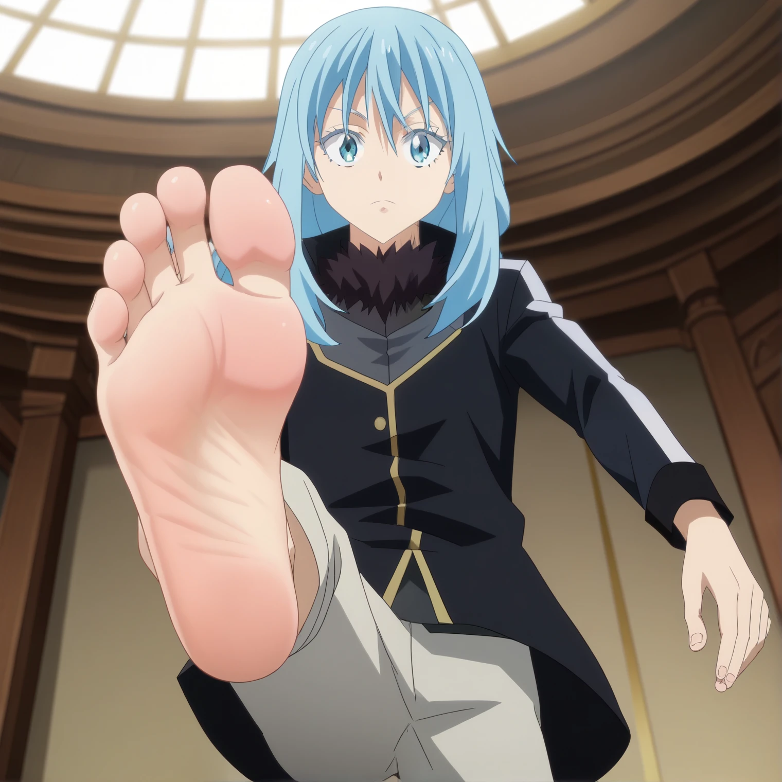 score_9, score_8_up, source_anime,
1boy, Rimuru Tempest, big eyes, black uniform, long pants, alone, looking at viewer, cheerful expression, cowboy shot, ANIME SCREENCAP, anime coloring, barefoot, perfect feet, anatomically correct, soles, low angle, focal length 35mm, each foot has five toes, front, symmetrical soles, foot focus