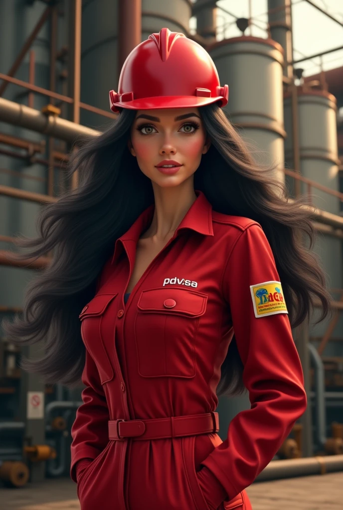 Creates an animated image of a beautiful woman inspired by Pocahontas . She has a lot of time, dark hair that flows smoothly . She is dressed in a red mechanic's panties bearing the PDVSA logo (Petrleos de Venezuela , S.a.) in the chest. In his head, wears a red safety helmet , that highlights her beauty and protects her in the industrial environment . The woman is in a petroleum plant , surrounded by metal structures typical of the industry , pipes and machinery. The scene must convey the strength and determination of women workers in the oil sector, with lighting that highlights the details of her clothes and the industrial environment . The Background must include elements such as storage tanks and drilling equipment , to give a realistic context to the image .