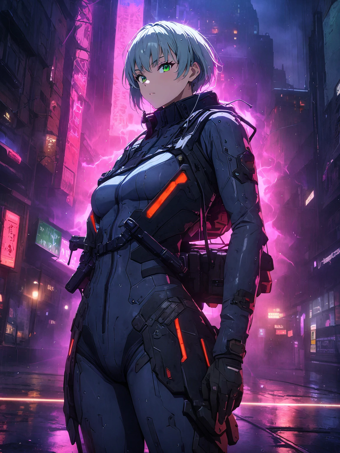 (highest quality, 4k, 8K high resolution, masterpiece:1.2), absurd, Anime style, Detailed textures, (Perfect anatomy), Smooth skin, 1 girl, Full body shot, Looking at viewer, Cyberpunk sniper, Athletic build, Green eyes, Short silver hair, Tactical bodysuit with red glowing accents, Skimpy tactical bodysuit, High tech sniper rifle on her back, Dark cityscape background lit by neon lights, Rain-soaked street, (Cool, confident, mysterious aura), Night view with fog and shadows, Dramatic lighting, Cinematic shot, 