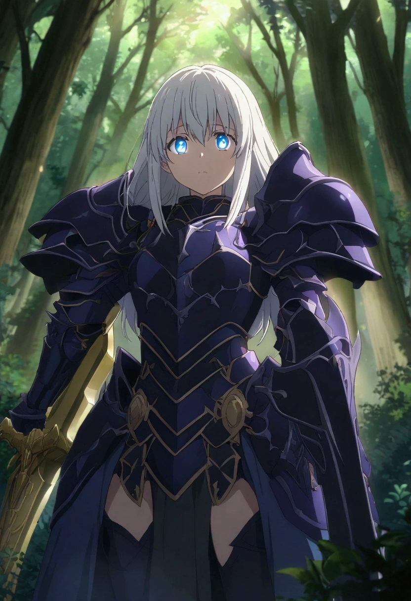 girl,  white hair,  blue eyes , luminous eyes , dark blue knight's armor with gold lines, raised, big sword, dark forest, anime