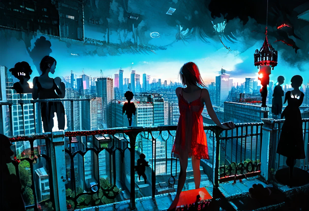 score_9, score_8_up, score_7_up, 3d, (Photo), (Scenic Background, View of Massive Cyberpunk Futuristic City from a high rise balcony, with a dense fog covering the ground, a large Modern Neon City with skyscrapers and tall buildings, aurora and stars fill the night sky: 1.3), (Silhouette of a single woman in a red lace nightgown standing overlooking the city on balcony: 1.3), extremely detailed, ray tracing, RTX, high saturation, high contrast, photon mapping, gloomy, (sharp image), (best quality), (detailed background), (intricate details), (lowkeylights_v2), (Dark), (Low-Key)
