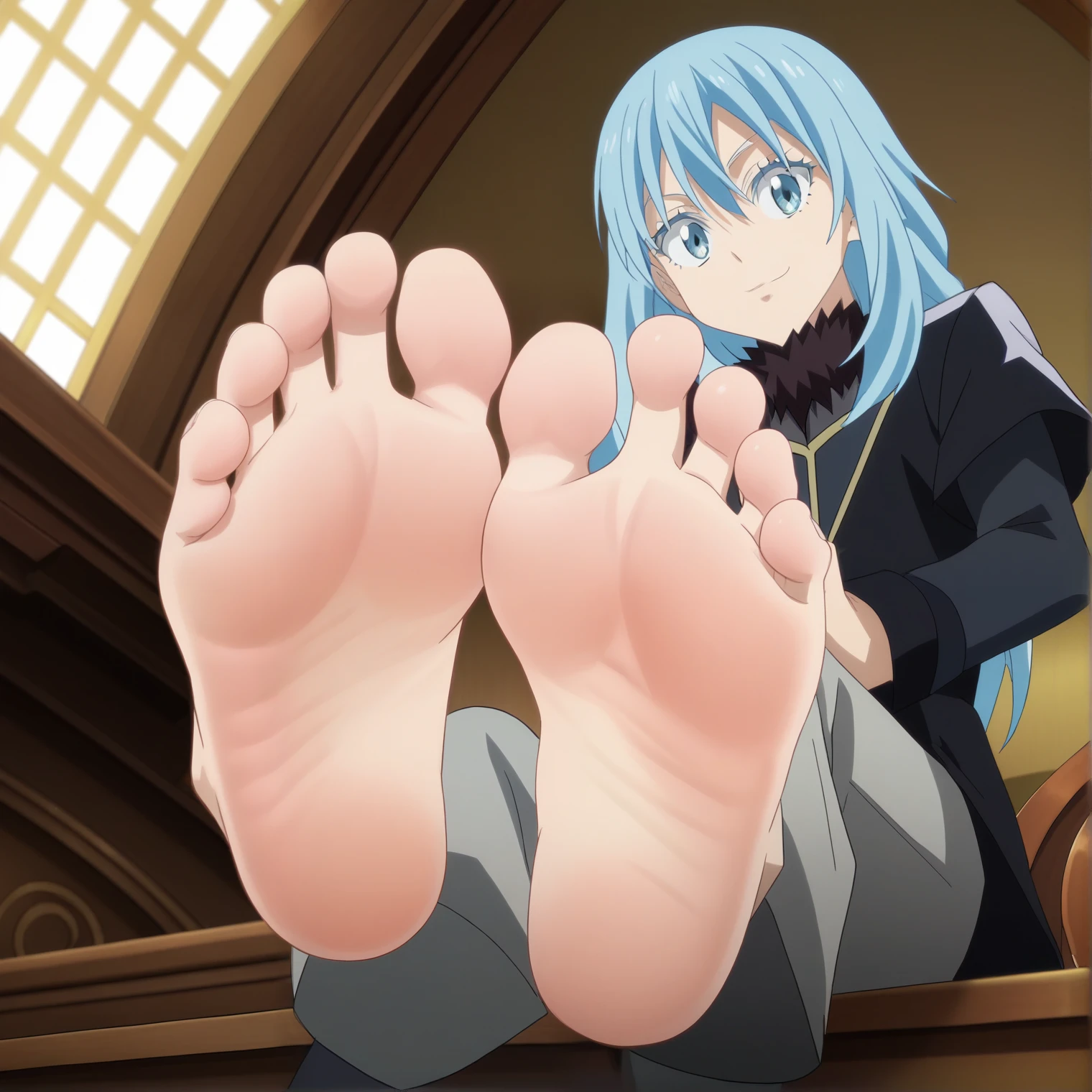 score_9, score_8_up, source_anime,
1boy, Rimuru Tempest, big eyes, black uniform, long pants, alone, looking at viewer, cheerful expression, cowboy shot, ANIME SCREENCAP, anime coloring, barefoot, perfect feet, anatomically correct, soles, low angle, focal length 35mm, each foot has five toes, front, symmetrical soles, foot focus