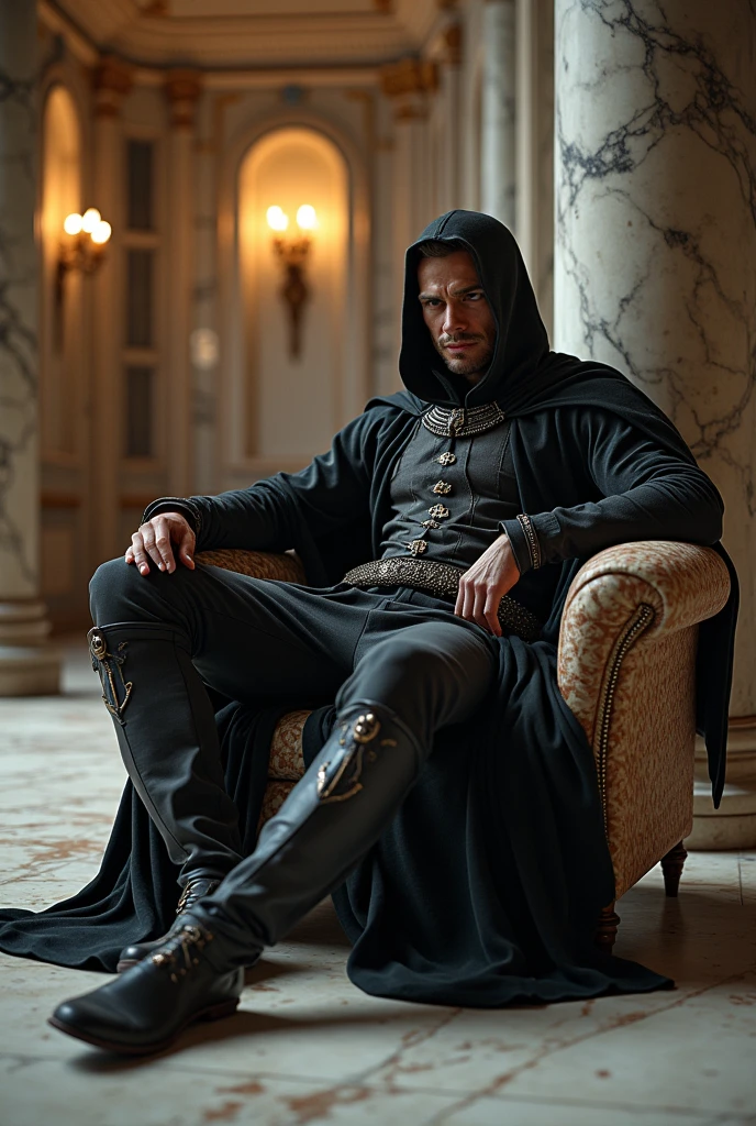 A dark elf rogue is lounging in a marble palace, wearing comfortable medieval outfit and tight pants, beautiful dark elf male with confident charming smile. 