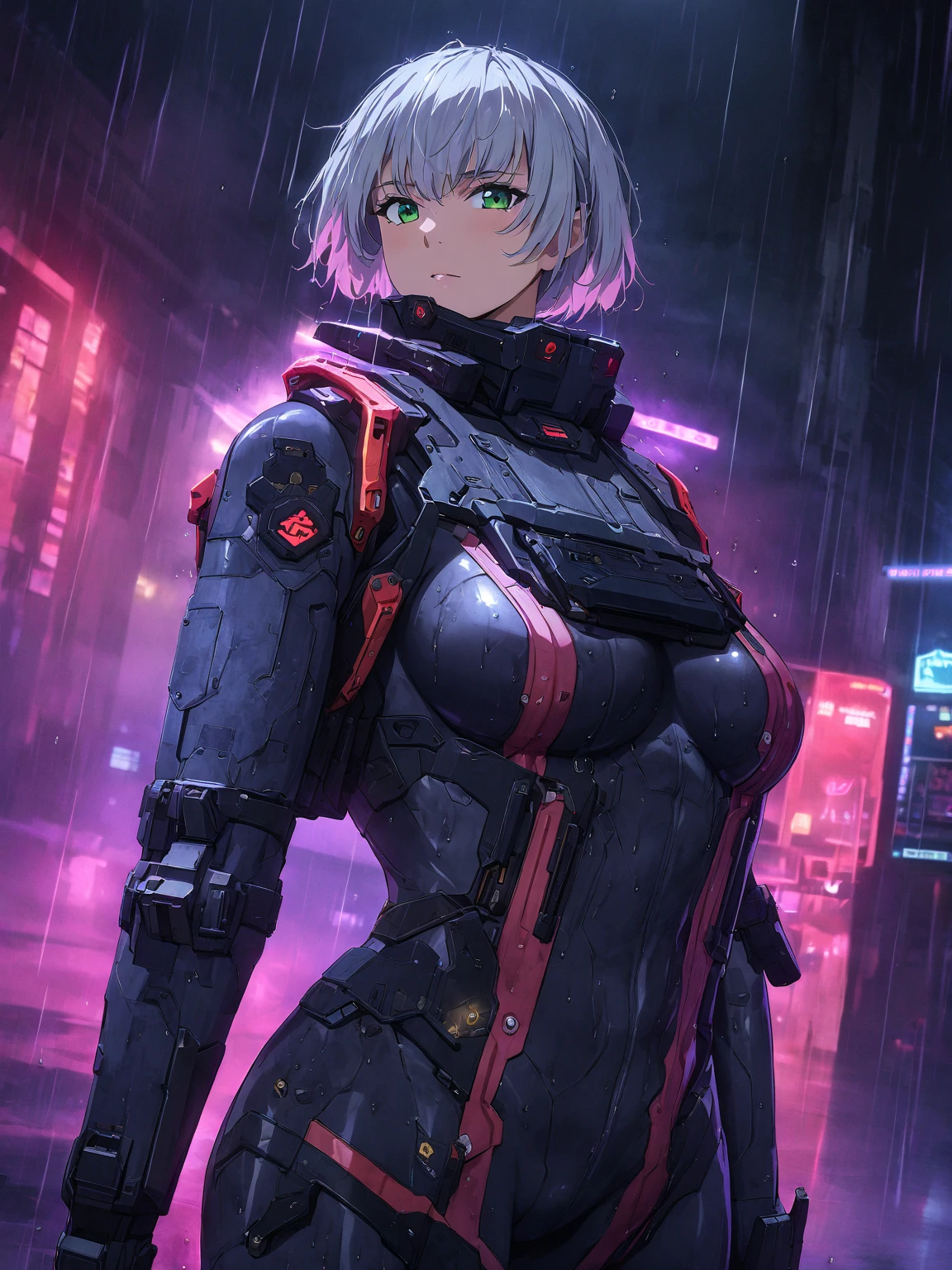 (highest quality, 4k, 8K high resolution, masterpiece:1.2), absurd, Anime style, Detailed textures, (Perfect anatomy), Smooth skin, 1 girl, Full body shot, Looking at viewer, Cyberpunk sniper, Athletic build, Medium breasts, Green eyes, Short silver hair, Tactical bodysuit with red glowing accents, revealing tactical bodysuit, High tech sniper rifle on her back, Dark cityscape background lit by neon lights, Rain-soaked street, (Cool, confident, mysterious aura), Night view with fog and shadows, Dramatic lighting, Cinematic shot, 