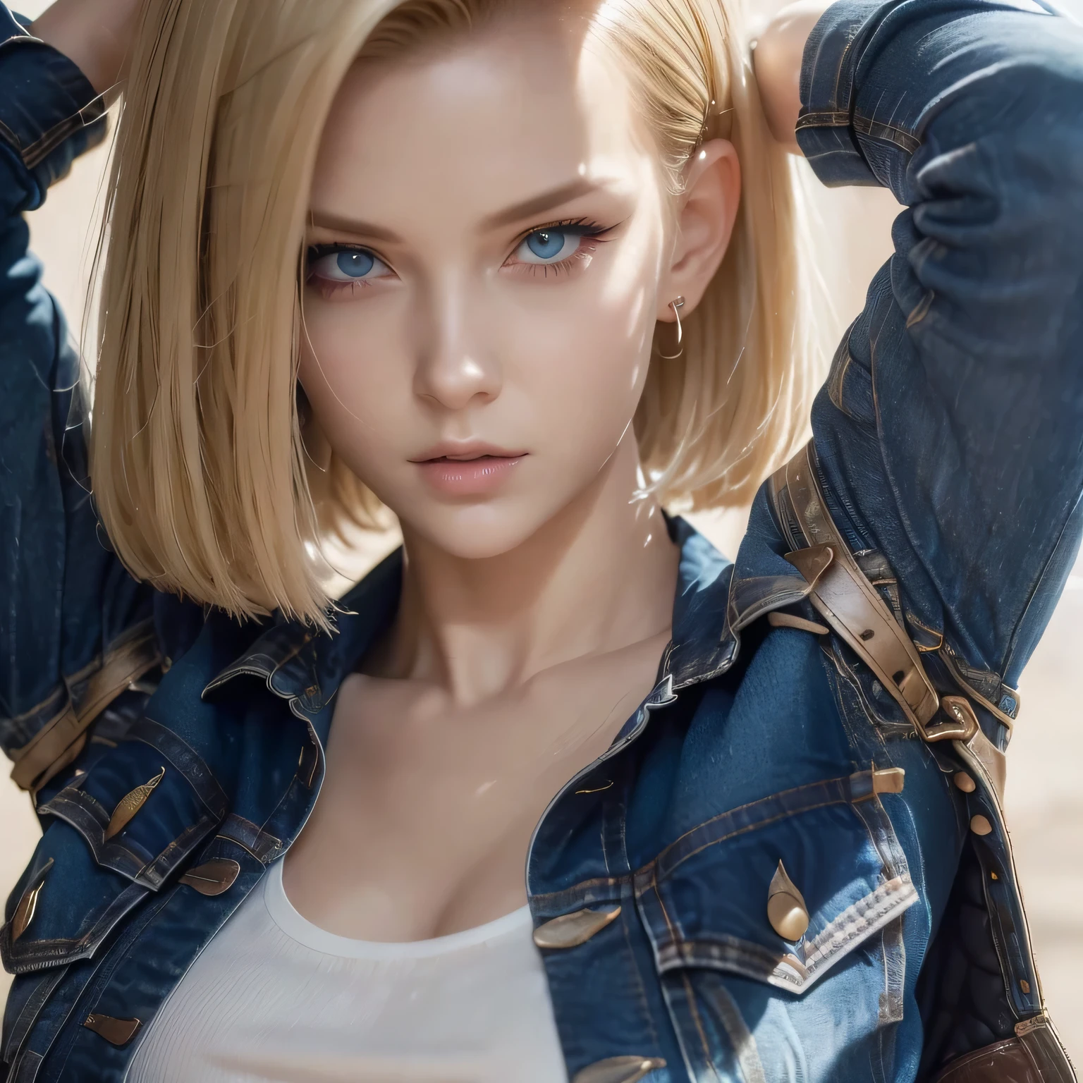  "A hyper-realistic portrait of a character inspired by Android 18, depicted as a young woman in her late 20s with striking, cool beauty and an intense, focused gaze. She has shoulder-length, straight blonde hair parted slightly to the side, framing her face with a sleek, polished look. Her expression is calm and composed, with a hint of toughness and independence. She’s wearing a casual, edgy outfit: a denim jacket layered over a black top and a belt with metal accents, adding a subtle rebellious flair. Her skin is fair, with a flawless complexion, and her piercing blue eyes stand out against her neutral expression. The background is a simple, blurred urban scene, keeping the focus on her face and outfit. The lighting is soft but bright, emphasizing her hair, eyes, and the textures of her clothing for a cinematic effect. Captured in ultra-high-definition, with realistic detailing in her skin, hair, and clothing textures."