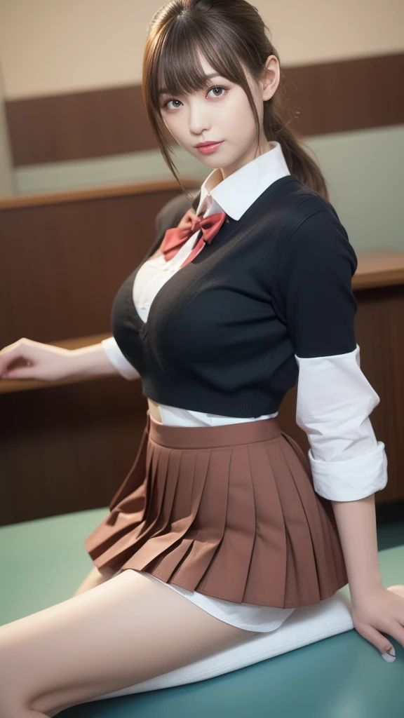 a beautiful girl wearing a skirt and suspenders, vestida como aluna, Estudante bonita, menina da escola, Estudante realista, aluna hiperrealista, gogo dancer, uma aluna hiperrealista, nerd, nerdy appearance, de uma aluna posando, mini-saia, Nerds, Uniforme escolar, muito nerd, suspender.