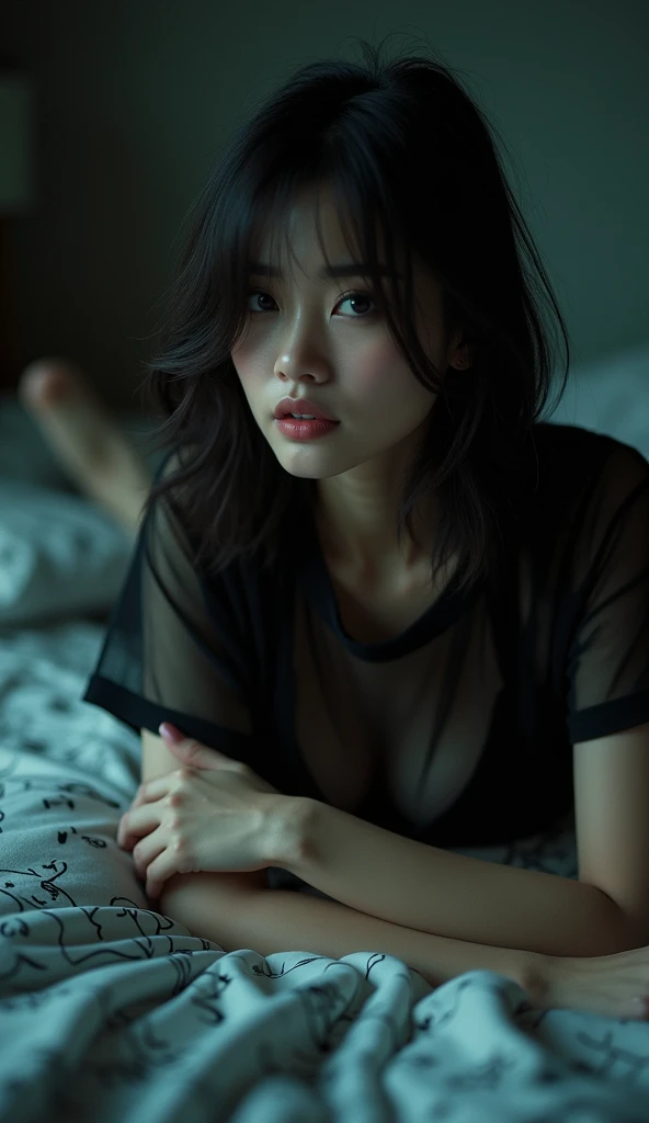 (Best quality, Japanese woman, 4, short black hair, (legs spread:1.3), sitting on bed, luxury hotel room, warm lighting)

