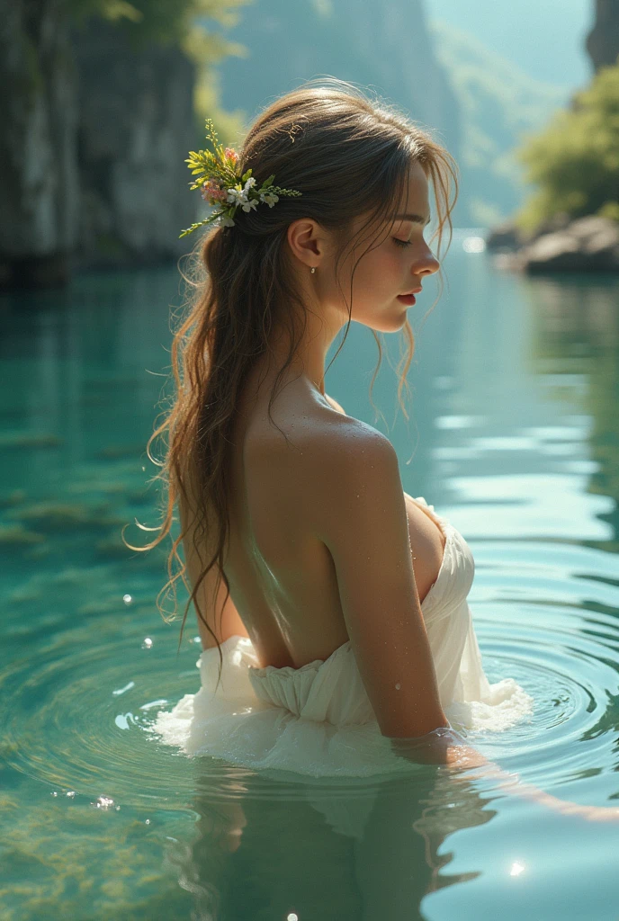 Beautiful princess is bathing in the river