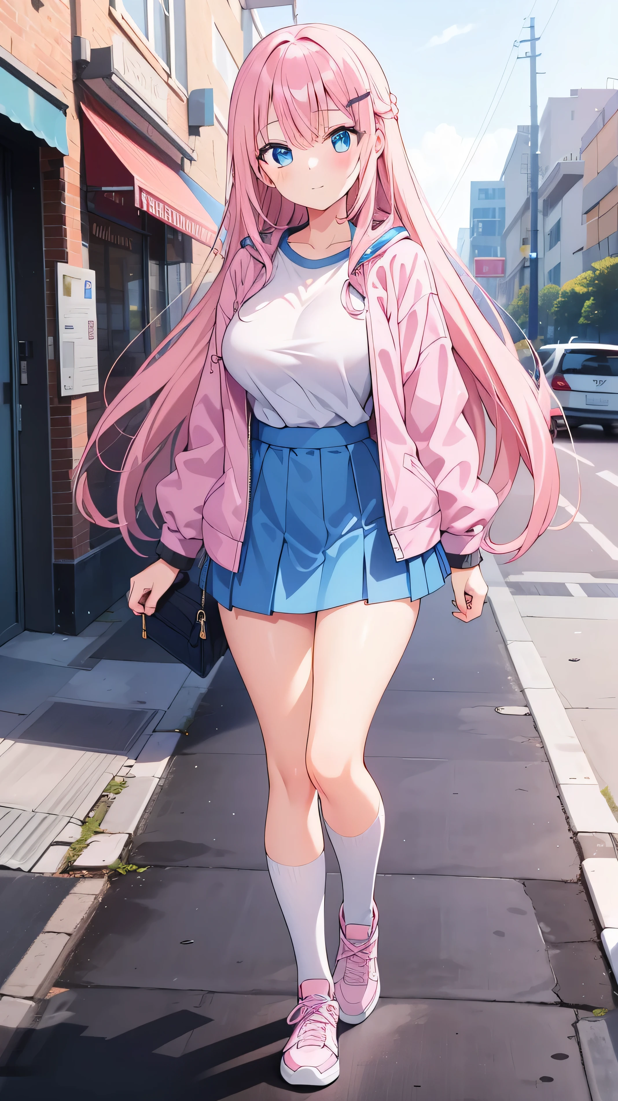 One girl, , pink hair, short, slanted eyes, super long hair, (((straight hair))), white long sleeve T-shirt, gray super mini skirt, (pink jacket), wearing jacket, knee socks, (blue eyes: 1.2), (super large breasts: 1.0), young girl, (((young girl))),, walk