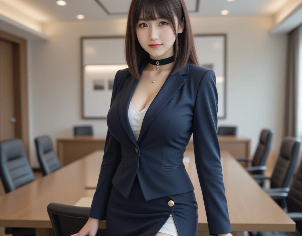  best quality、masterpiece、(   flight attendants,   navy blue blazer that fires from medium range、uniform ， miniskirt that snaps around the knee),  Big Breasts, ((   Layered Haircut )),（8k， best quality),    full body shot  , Fire from medium range, Full body portrait, Adorable， smile:2,   short brown hair ,   black choker ,   blue eyes, bangs、 Extremely Rich, Long Lashes 、((Big Breasts)), smile， seems happy, Meeting Room