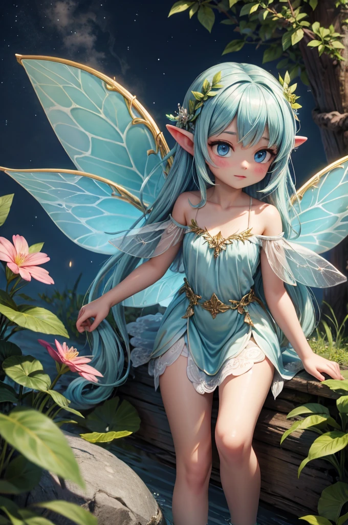 cute little Fairy, blue butterfly, lightgreen hair, pink eyes,  dress pointy ears dress made of petals leaves Leaning forward Leaf fairy Flower Flower crown Thin wings Smiling gently Large leaf