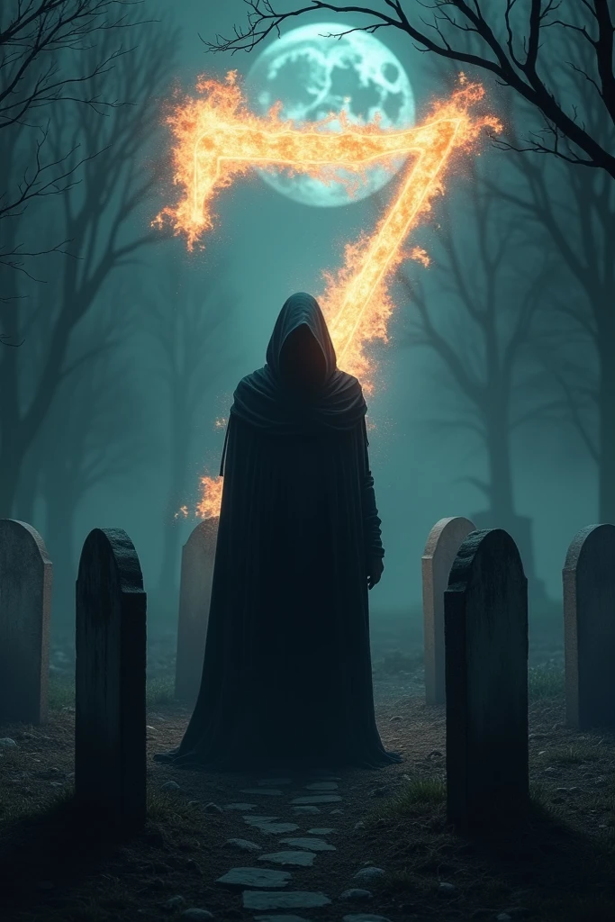 An evil shadow with red eyes looking at the letter Y and the number 7 of blue fire