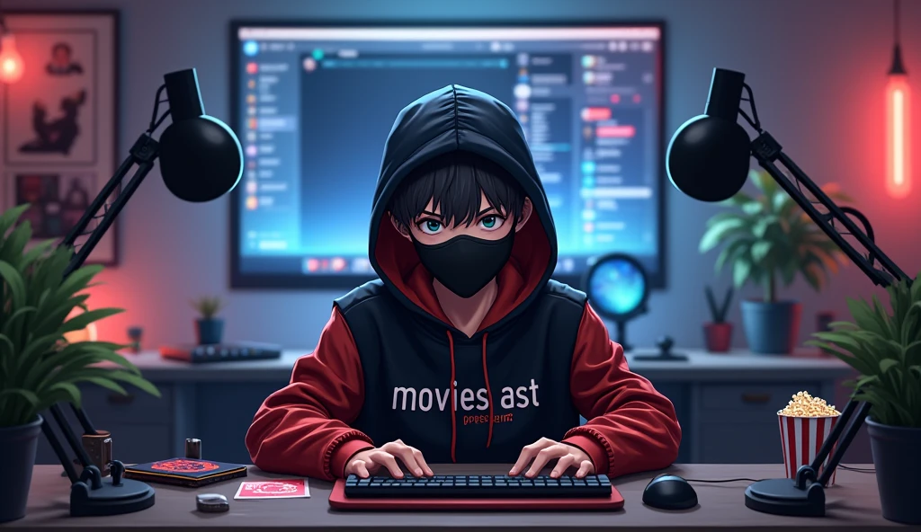 Create a image of "A 18 years anime boy were a black mask, sitting in front of a computer desk with a microphone and laptop, wearing black and red hoodie with the Channel Name on it "movies ast".

The background includes a large Popcorn Plastic Bowl on the wall, potted plants on either side, and various recording equipment. He is front of me 

