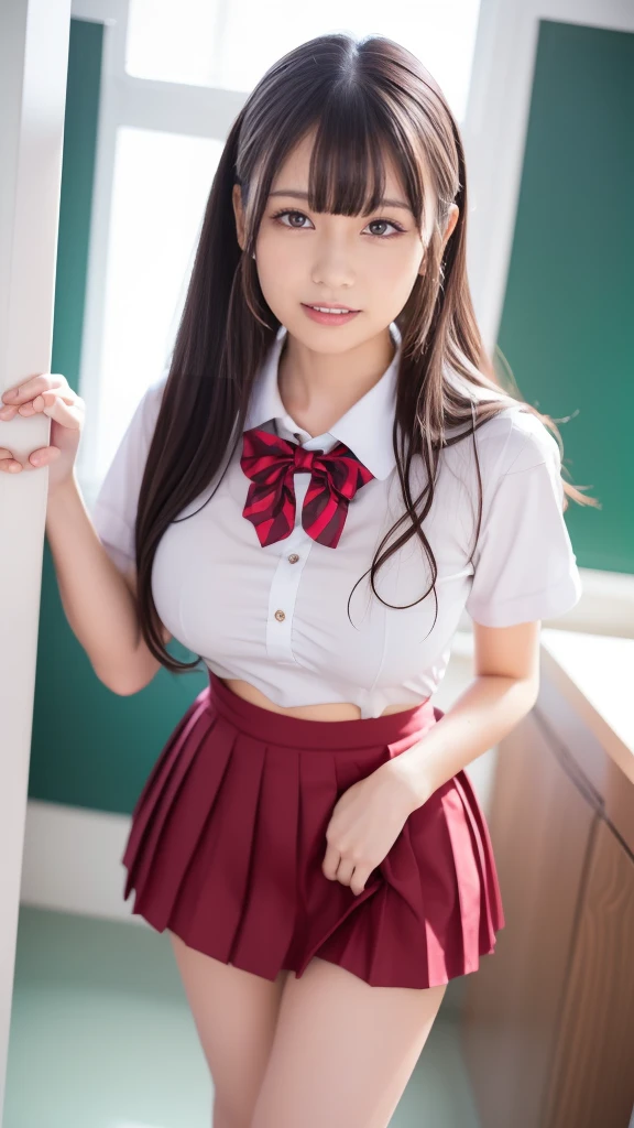 young girl, Best quality, masterpiece, ultra high res, (Authentic skin texture:1.3), (Highly detailed beautiful faces), Amazing faces and the most eye-catching qualities:1.4), full body, amazing face and eyes, a pink eyes, (tight high school school uniforms, short Pleated mini skirt:1.3), ponytail hair, Brown hair, schools, classroom, large full breasts,Big breasts and a thin waist, ((Erotic,Sexy and sexually explicit)), spread legs