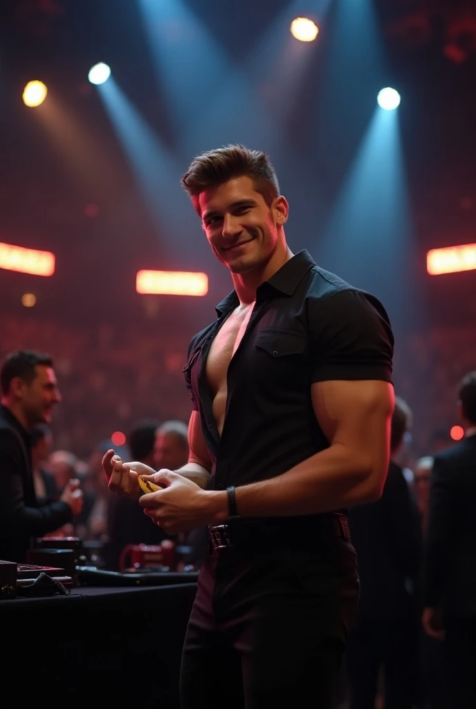 A tall, hot, handsome, muscular young man in his 20s works as a ticket taker at a popular concert venue. His smooth white skin glows under the stage lighting, and his strikingly handsome features—high cheekbones, square jawline, and warm, welcoming gaze—are illuminated as he takes tickets from excited concertgoers. He wears a tight, partially unbuttoned uniform shirt, showcasing his muscular , paired with fitted black trousers that accentuate his strong legs. The venue is filled with buzzing excitement and the hum of music, with bright lights and large speakers around him. As he checks tickets with a friendly smile, the lighting reflects off his toned body, highlighting his impressive physique and adding a sensual, alluring quality to the energetic, vibrant environment.