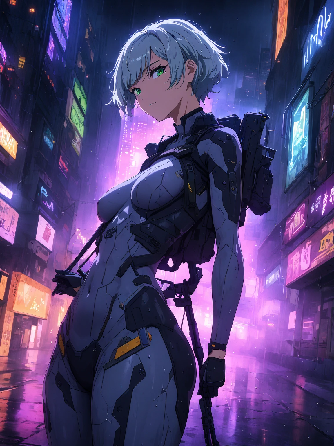 (highest quality, 4k, 8K high resolution, masterpiece:1.2), absurd, Anime style, Detailed textures, (Perfect anatomy), Smooth skin, 1 girl, Full body shot, Looking at viewer, Cyberpunk sniper, Athletic build, Medium breasts, Green eyes, Short silver hair, revealing tactical bodysuit, Cleavage, thighs, High tech sniper rifle on her back, Dark cityscape background lit by neon lights, Rain-soaked street, (Cool, confident, mysterious aura), Night view with fog and shadows, Dramatic lighting, Cinematic shot, 