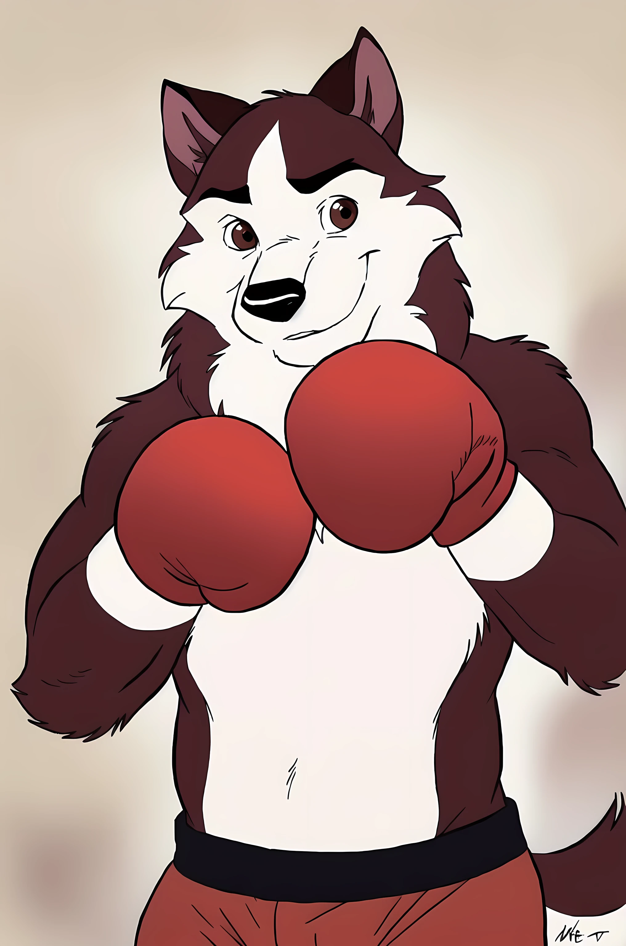 kodiak (balto), red fur, detailed, detailed face, detailed eyes, anthro body, black lineart, black outline, male, young adult, muscular body:1.2, brown eyes, cartoon shading, cel shaded:1.0, confident, proud, smile, front view:1.1, boxing trunks, wolf tail, (wearing boxing gloves, detailed boxing gloves):1.1, (no background, white background):1.5, bare chest, by wfa, by negger, puffed chest,