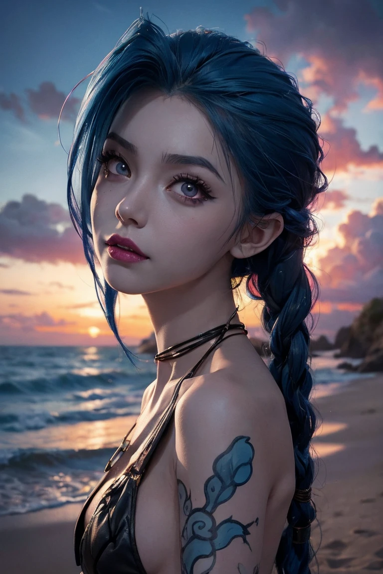 jinx arcane,  without clothes,  naked posing on the beach, entering the water ,  beautiful face, Focus on the face , detallada,  A fine art painting ,  dark blue hair, RAW Image, Full Art, original art by Jinx 