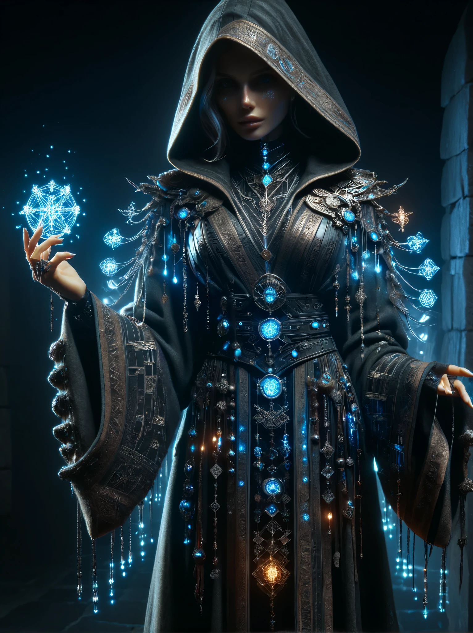 UHD,HDR,8k render,   russian woman, hermeticwizard, hkmagic, cryokinesis, ornate_hooded_robe, talisman, runes, dust, lightrays, ancient_tomb in the background, cinematic shot, dramatic lighting, dim lighting,  masterpiece, best quality, ultra high res, (photorealistic, realistic:1.2), deep shadow, raw photo, film grain, Fujifilm XT3, 8k uhd, dslr