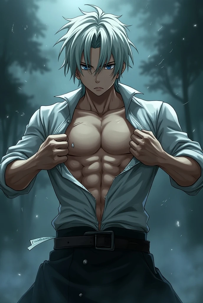 Tanned skin, tann boy. A teen (young face) in swamp forest. Bulging pecs, cobbled abs, brown trench coat, open trench coat, (open trench coat) bare chest, narrow waist, black pants and cloth belt without a buckle. 15 year old teenager (15 years old) very attractive boy, Mexican ethnicity. tanned skin, cobalt blue hair, young man, alone, marked muscles, beautiful musculature, aesthetic stretch marks, inspiring physique, slender muscles, square pecs, beautiful V-cone, excellent abs and torso, chiseled abs, pectorals chiseled, with his cobalt blue hair military haircut and voluminous neck, narrow waist, bare chest, shirtless, topless, blue eyes, young face, beautiful, young. teen muscular young bodybuilder with extraordinary biceps pectorals triceps traps, plump, Gigachad.