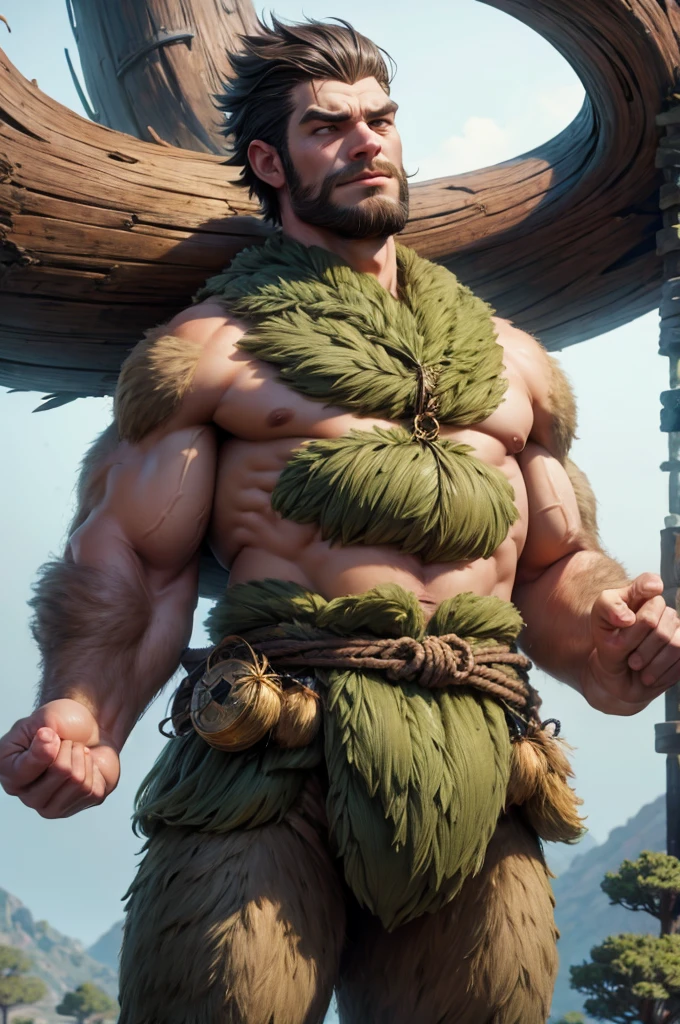 Hyperrealistic image of a Fairy Superhero with symmetrical dragonfly wings on his back, very sweaty, extremely old, over 80 years old, very muscular and fat, over 200 kg, with a naked torso, large flabby pectorals, brown nipples, very long gray hair and large gray mustaches with huge arms. tattooed in a foggy Celtic forest wearing a skirt covered in leaves 