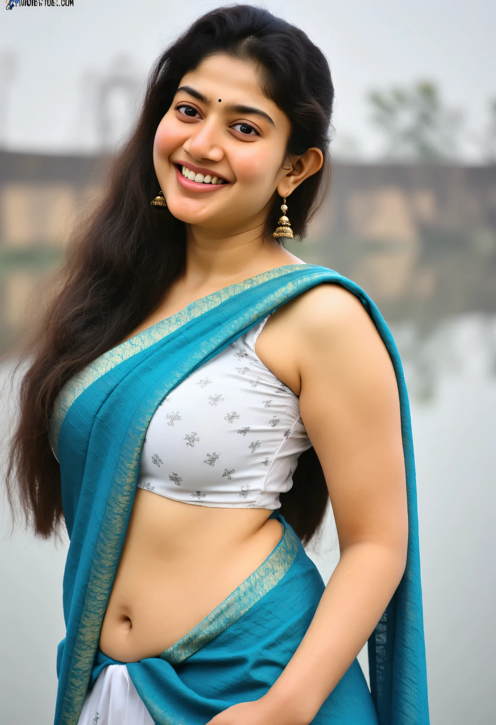 from bottom view, long shot photo of sexy indian, look at viewer and subtle smile, curvy athletic figure, open arms, sexy armpits, sweating, doing push ups in fog, ponytail, necklace, white see through lace bra, blue and green  saree with low necked blouse, glossy lips, (cinematic:1.3), intricate details, (ArtStation:1.2)