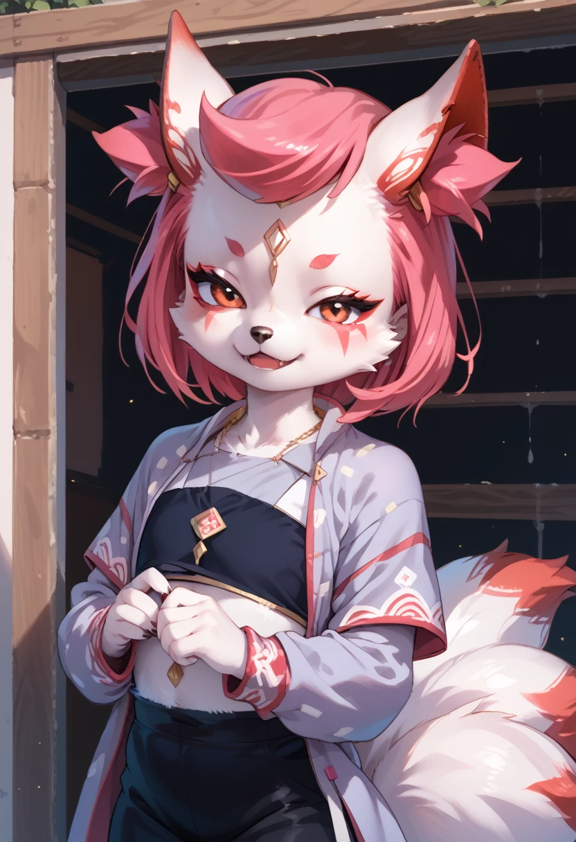 1girl, alone, fox, furry female, kimiko, white fur, pink hair