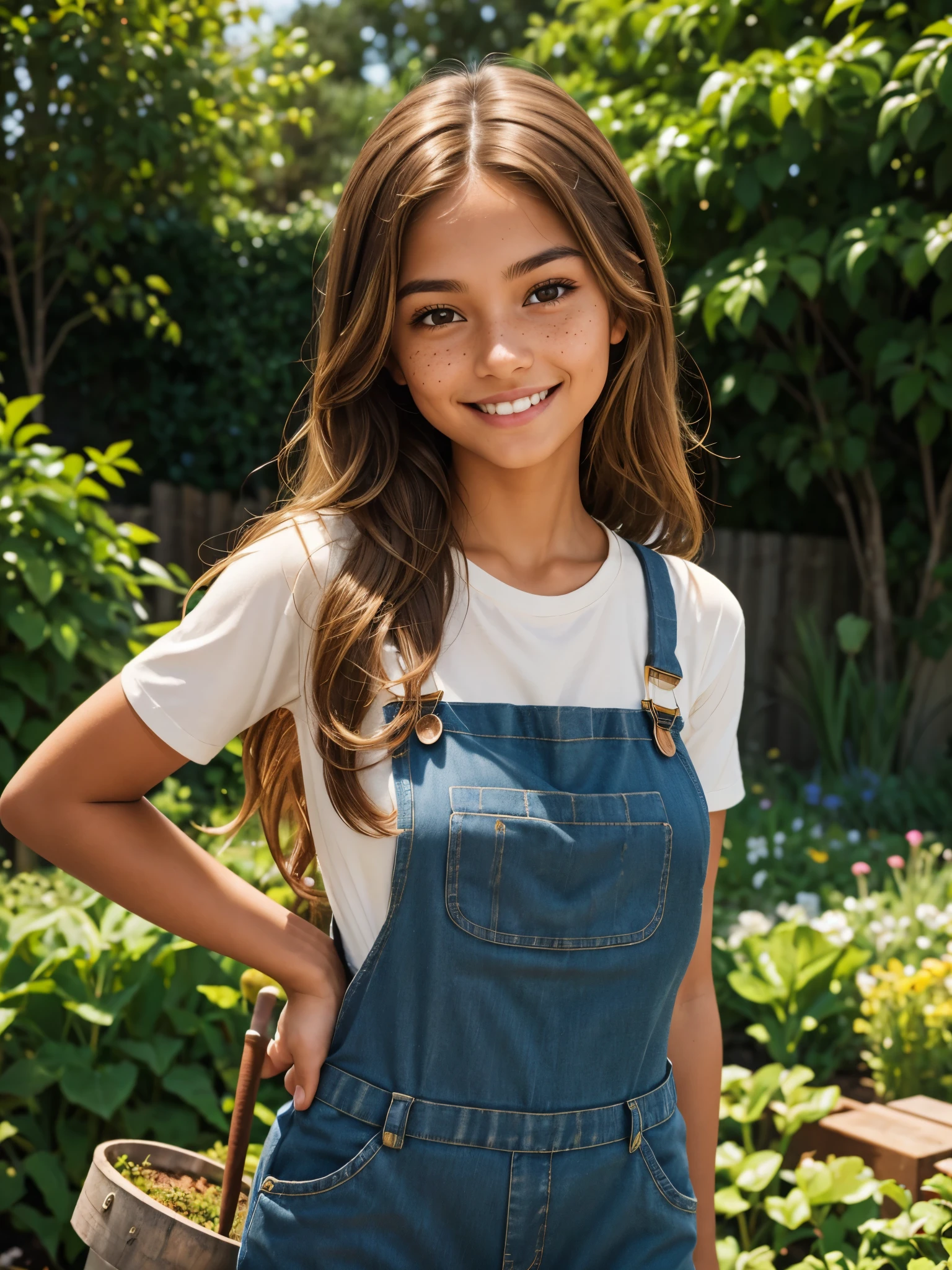 (best quality), 1girl, female, honey toned skin, chestnut hair, long hair, slightly wavy hair, brown eyes, perfect eyes, freckles, tomboy, overalls, gardener, gardening gloves, garden, petite, small bust, smile, masterpiece, anatomically correct, highres
