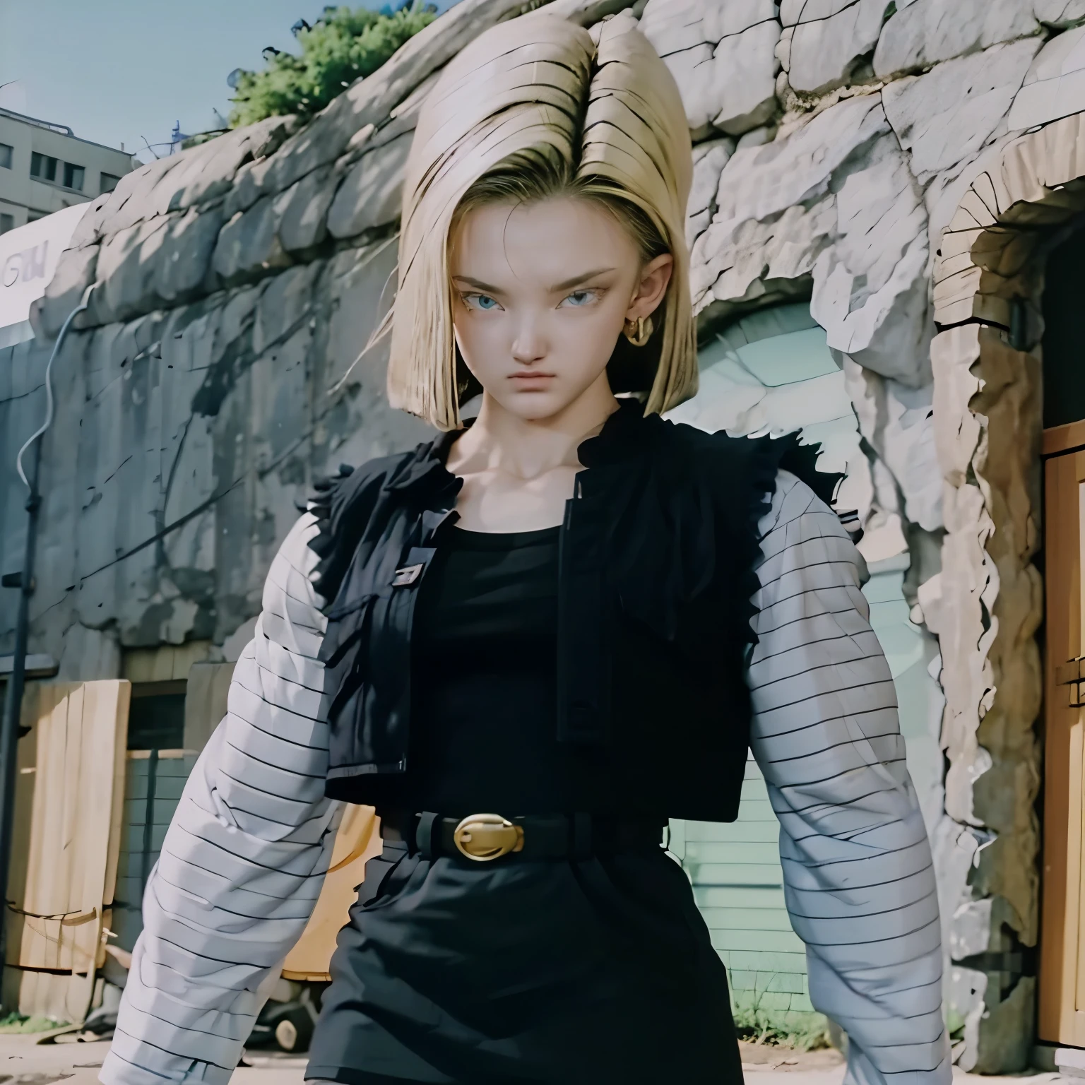 Best quality, A high resolution, and18, 1girl in, Android 18, Solo, Blonde hair, Blue eyes, Short hair, Earrings, jewelry, denim vest, Open vest, Black pantyhose, Black shirt, Denim skirt, Striped long sleeves, Blue skirt, Medium breasts, Cowboy shot, street, (Externally expanded Chest: 1.2)
