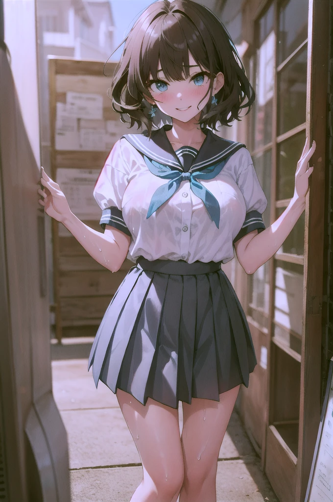 masterpiece, best quality, highres icon, short hair, serafuku, white shirt, short sleeves, sailor collar, blue neckerchief, pleated skirt, blue skirt, standing, cowboy shot, Smile medium hair, , frowns, Light blush, Hanging eyes, gaze, open your mouth , my clothes are , Wet, appeal, behavior, Naughty, opens the front door