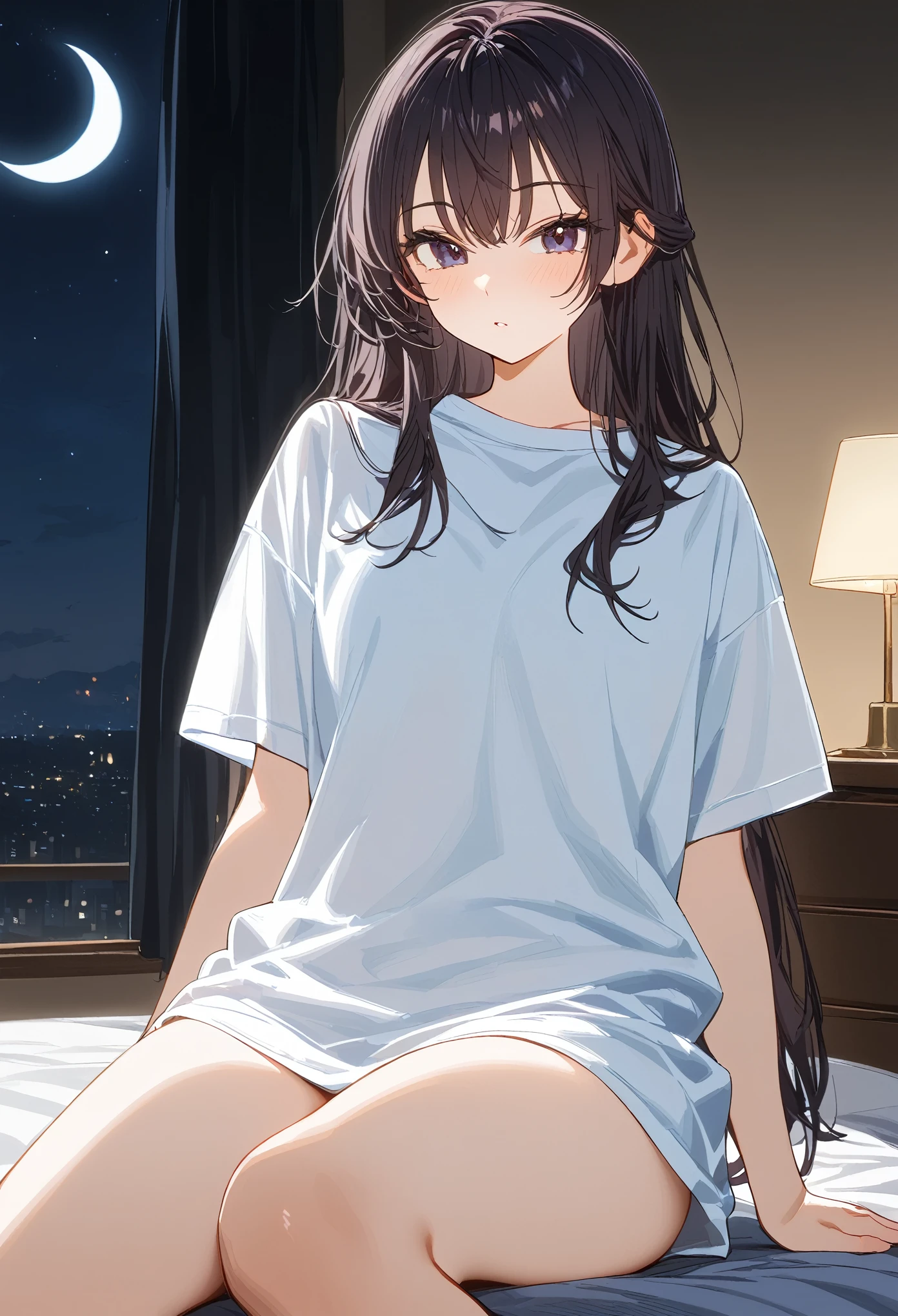 (masterpiece, best quality:1.2), 1 girl, alone, yuki suou, /(roshidere), looking at viewers, black long straight hair, black eyes, oversized white t-shirts, (sitting, sensual), in the bedroom at night, lights off, moon light