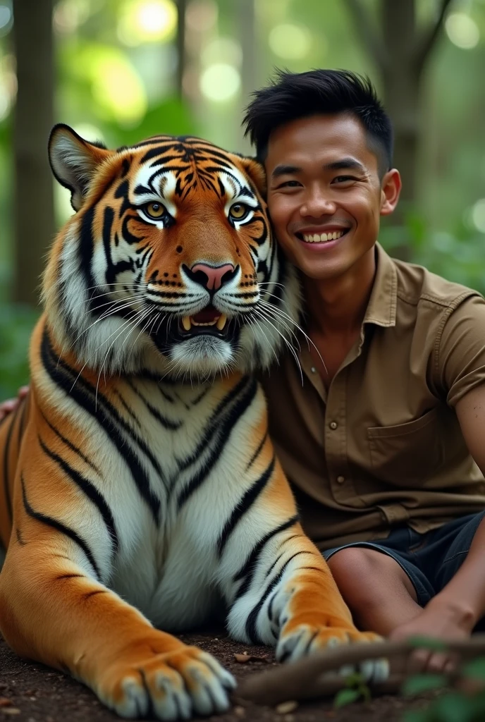 Handsome Indonesian man,short thin hair,thick eyebrows,body a little full,wearing a black shirt,sitting on a big tiger.