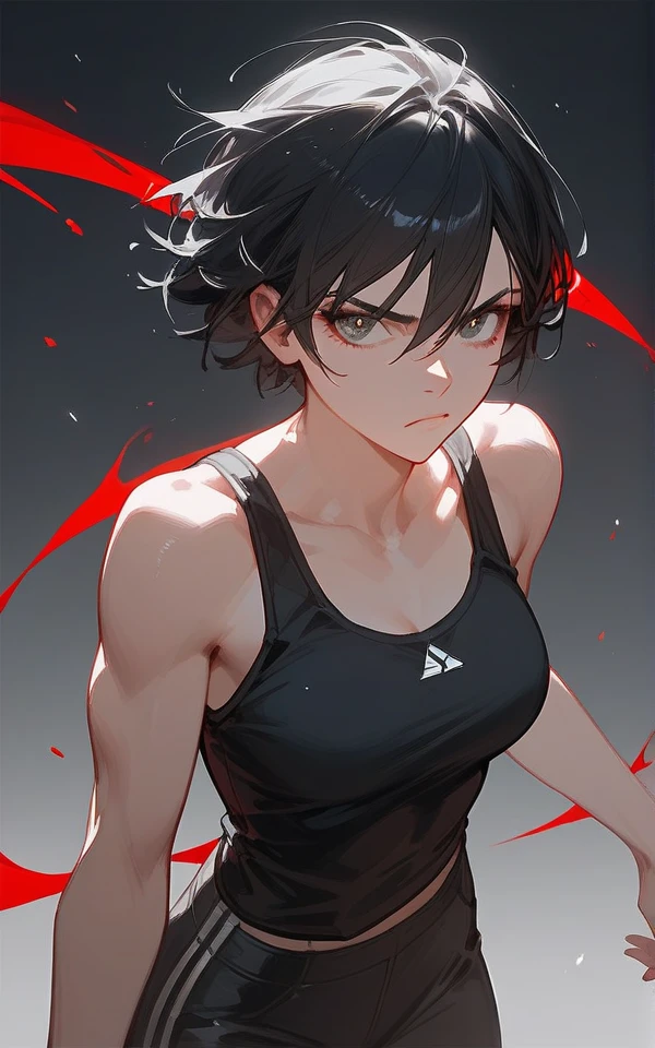 Cute slender high school girl, mixed martial arts match, female athlete in ring, lowered eyebrows, pained expression, exhausted expression, sweaty, out of breath, short black hair, slight muscle tone, small breasts, sports bra, high leg shorts, open finger gloves