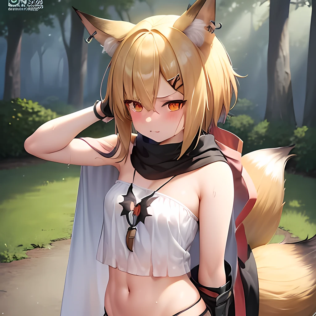 masterpiece, best quality, 1girl, animal_ear_fluff, animal_ears, armpits, arms_up, bandaged_arm, bandaged_hand, bandaged_leg, bandages, bandaid, black_shorts, blonde_hair, cape, crop_top, crop_top_overhang, fox_ears, fox_girl, fox_tail, gloves, grey_background, hair_ornament, hairclip, hooded_cape, looking_at_viewer, midriff, navel, notched_ear, orange_eyes, prosthesis, prosthetic_arm, sarashi, shorts, solo, standing, tail, <lora:ken2-000002:1>,