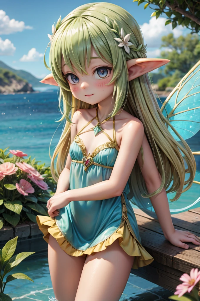 Imagen ultra realista de high calidad.  A Teenage Fairy , visible breasts, vagina visible, well detailed vagina , beautiful. youthful features, high,  slim, athletic, visible breasts, vagina visible.  Looking Forward , blonde,  Long Wavy Hair , intense green eyes, big eyes,  Pretty Blunt Nose ,  Medium-sized Mouth .  Cracked Cheeks .  Her wings are transparent .
Your bust is flat   , flying. view from below