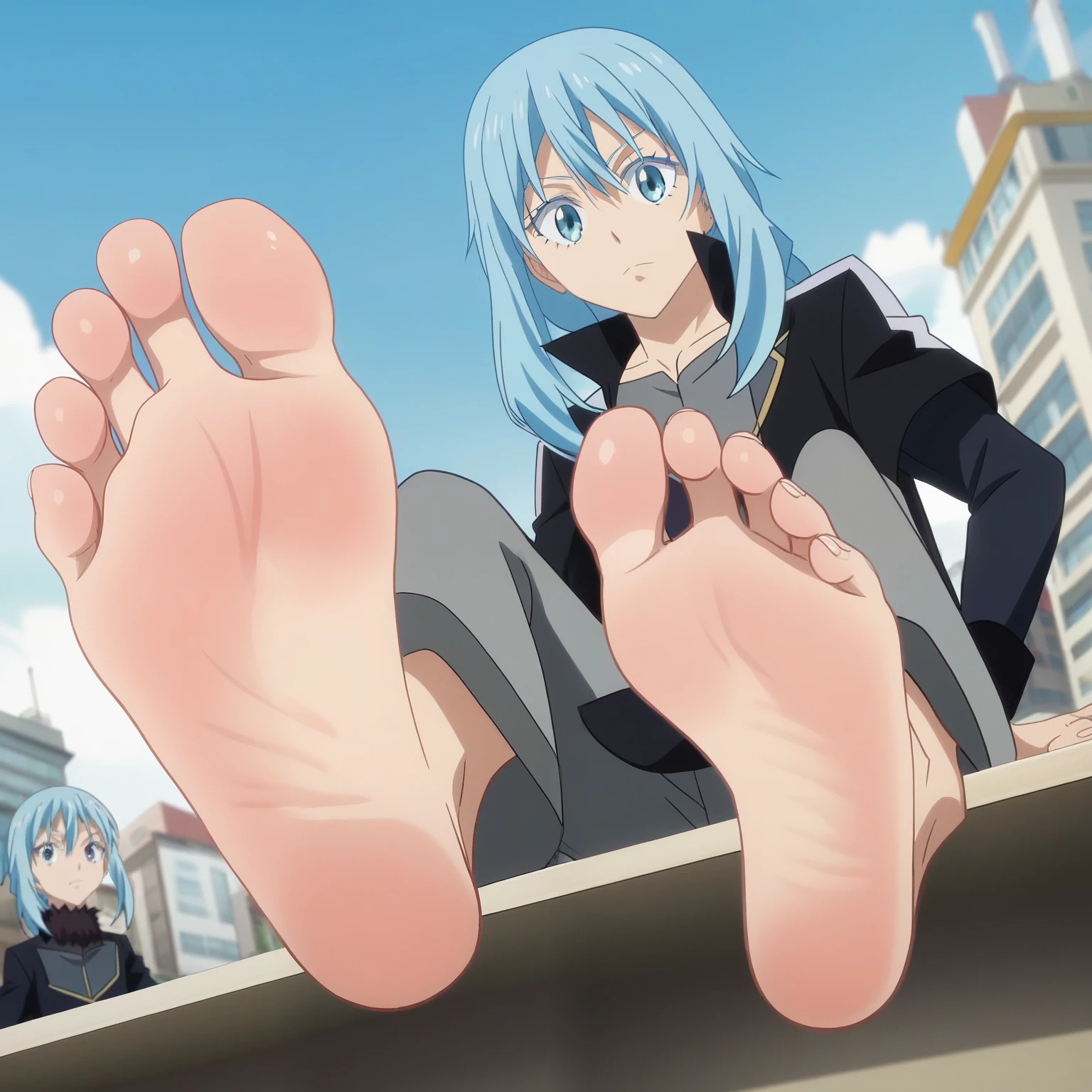 score_9, score_8_up, source_anime,
1boy, Rimuru Tempest, big eyes, black uniform, long pants, sitting, in the city, alone, looking at viewer, cheerful expression, cowboy shot, ANIME SCREENCAP, anime coloring, barefoot, perfect feet, anatomically correct, soles, low angle, focal length 35mm, each foot has five toes, front, symmetrical soles, foot focus